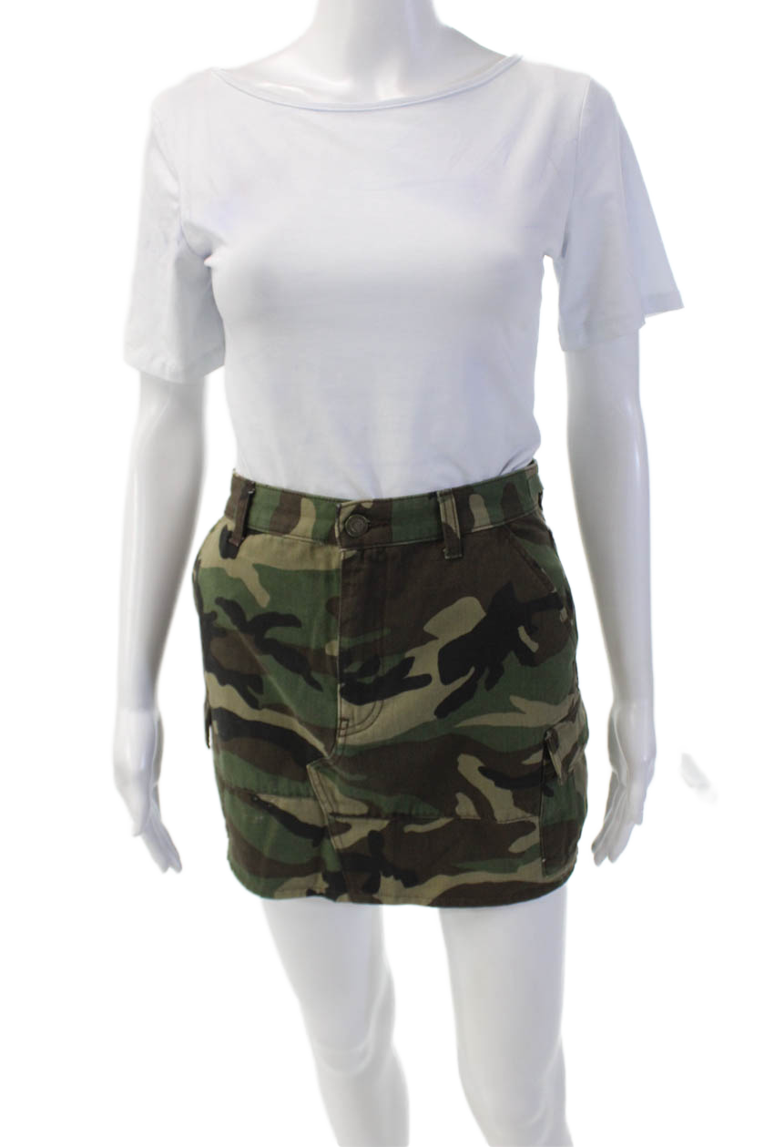 Saint Laurent minigonna cargo mimetica con cerniera da donna verde marrone taglia 26