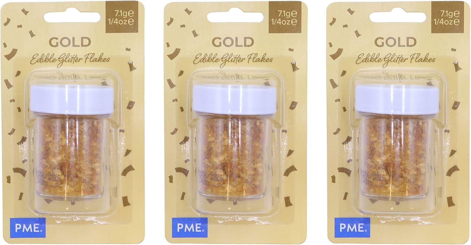 PME Gold Sparkling Glitter Flakes for Cake Decorating (7g), PACK OF 3