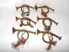 6 Vintage Equestrian Fox Hunt Brass French Horn CHRISTMAS Ornaments, w/Cords