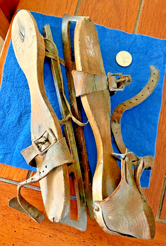 Antique 19th Century Primitive Wood Leather and Metal Ice Skates
