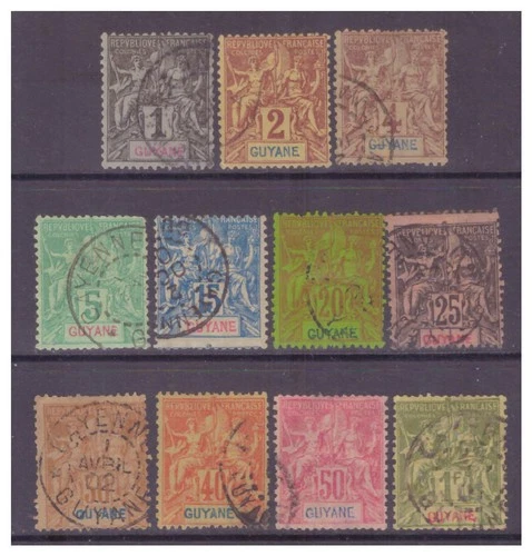 French Guiana 1892 Sage Type x 11 stamps Used