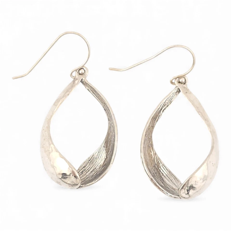 Sterling Silver 925 Twist Earrings Large Teardrop Hammered Finish Hook 8.63g - Image 2 of 4
