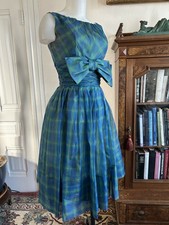 Vintage 50s Sweet Blue & Green Plaid Bow Detail Party Dress vtg 1950s size XS