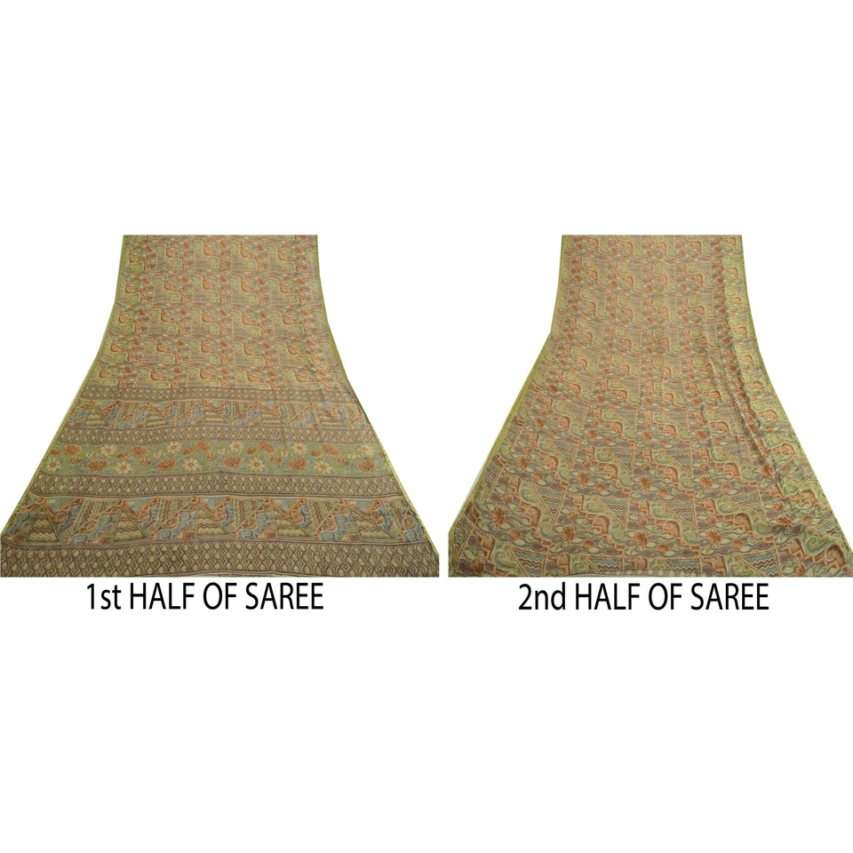 Sanskriti Vintage Multi Sarees Zari Border Printed Chiffon Sari Craft Fabric - Image 4 of 4