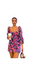 ZARA Floral Puff Sleeve Mini Dress Belted Black Pink XS