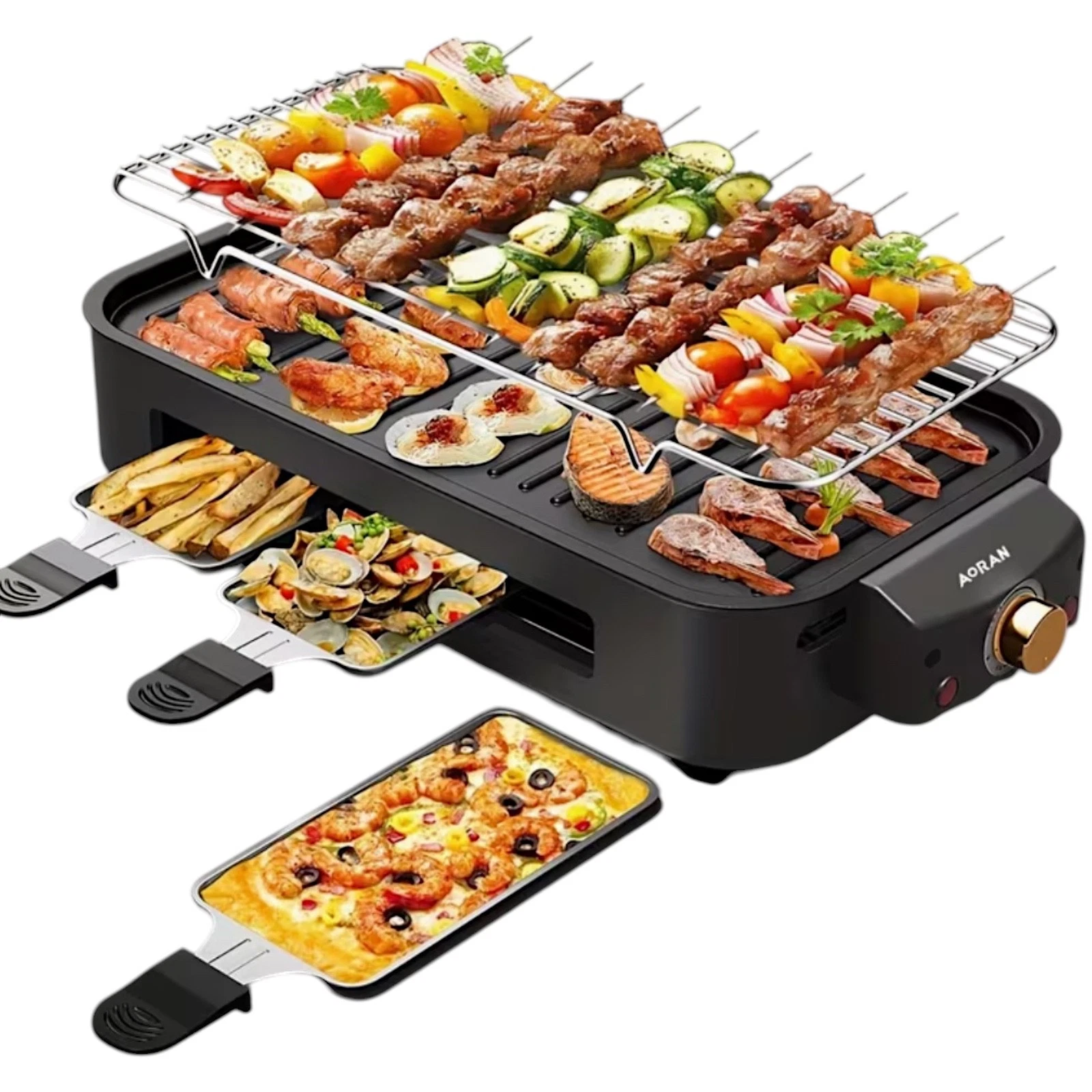 Black 2-in-1 Electric Indoor Grill 1500W Nonstick BBQ Grill Adjustable Temp