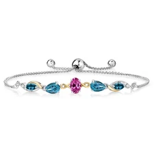 925 Silver and 10K Yellow Gold Pink Created Sapphire and London Blue Topaz and