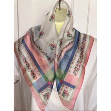 Vintage 50s/60s Floral Pastel Nylon Square Scarf - Pink, Blue, Green Yellow
