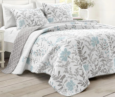 Lush D cor Aprile Blue/Gray King Quilt Set Botanical Reversible Polyester