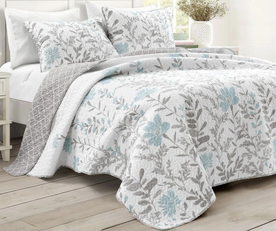 Lush Décor Aprile Blue/Gray King Quilt Set Botanical Reversible Polyester