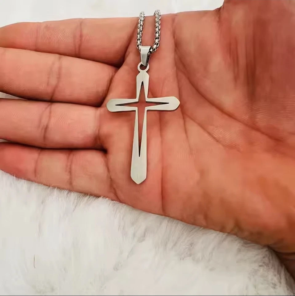 Collana catena in acciaio inox CROCE cava religiosi amuleto cristiano uomo 60cm  - Immagine 2 di 4