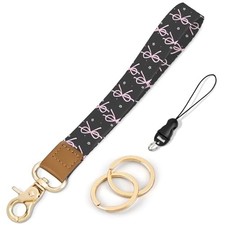Wristlet Keychain, Cute Wrist Strap for Women, Wrist Lanyard for Black Pink Bow