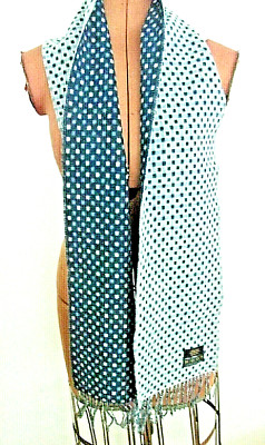 76'' X 8.25'' MOON Dark & Light Blue WOOL & CASHMERE Checks & Dots FRINGE SCARF