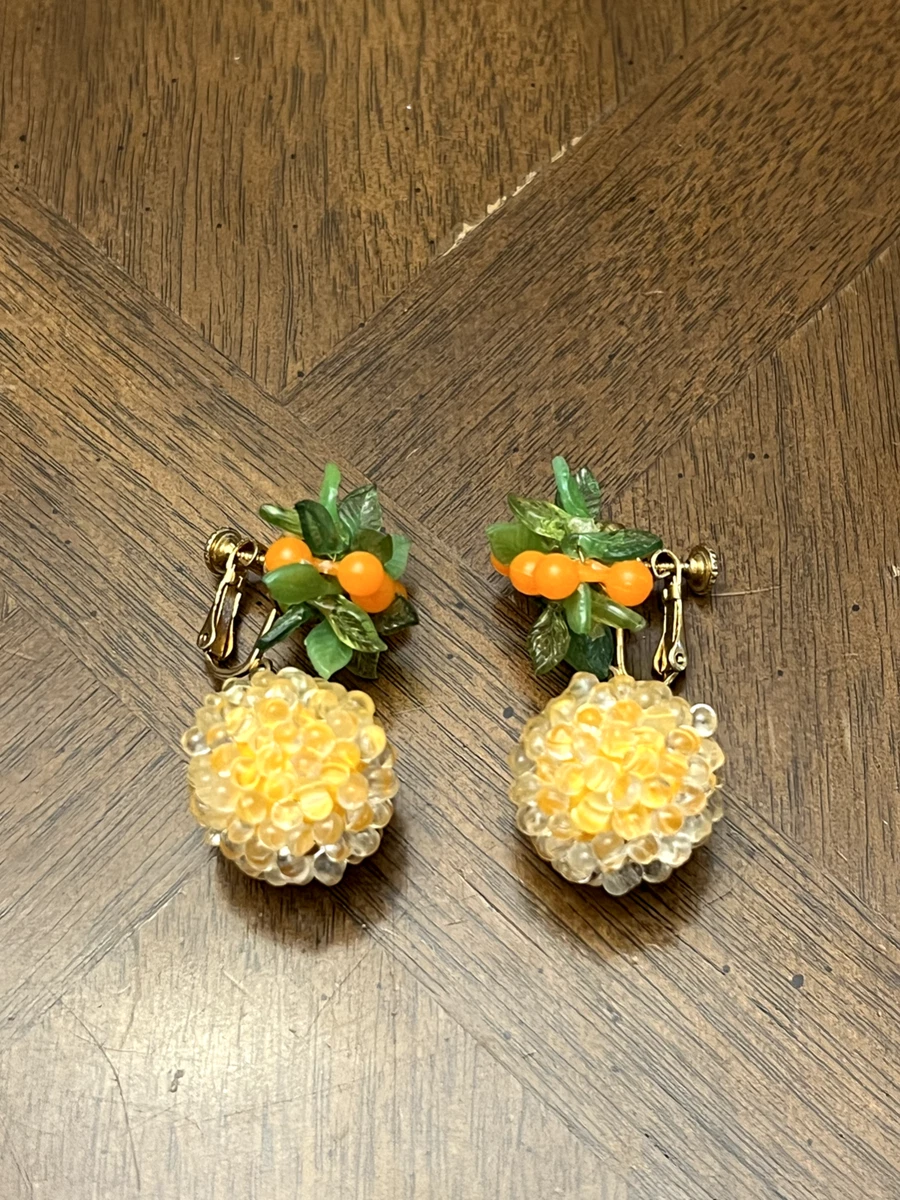 Vintage Orange Fruit Dangle Drop Cluster Earrings Beaded Fruit Salad Unique