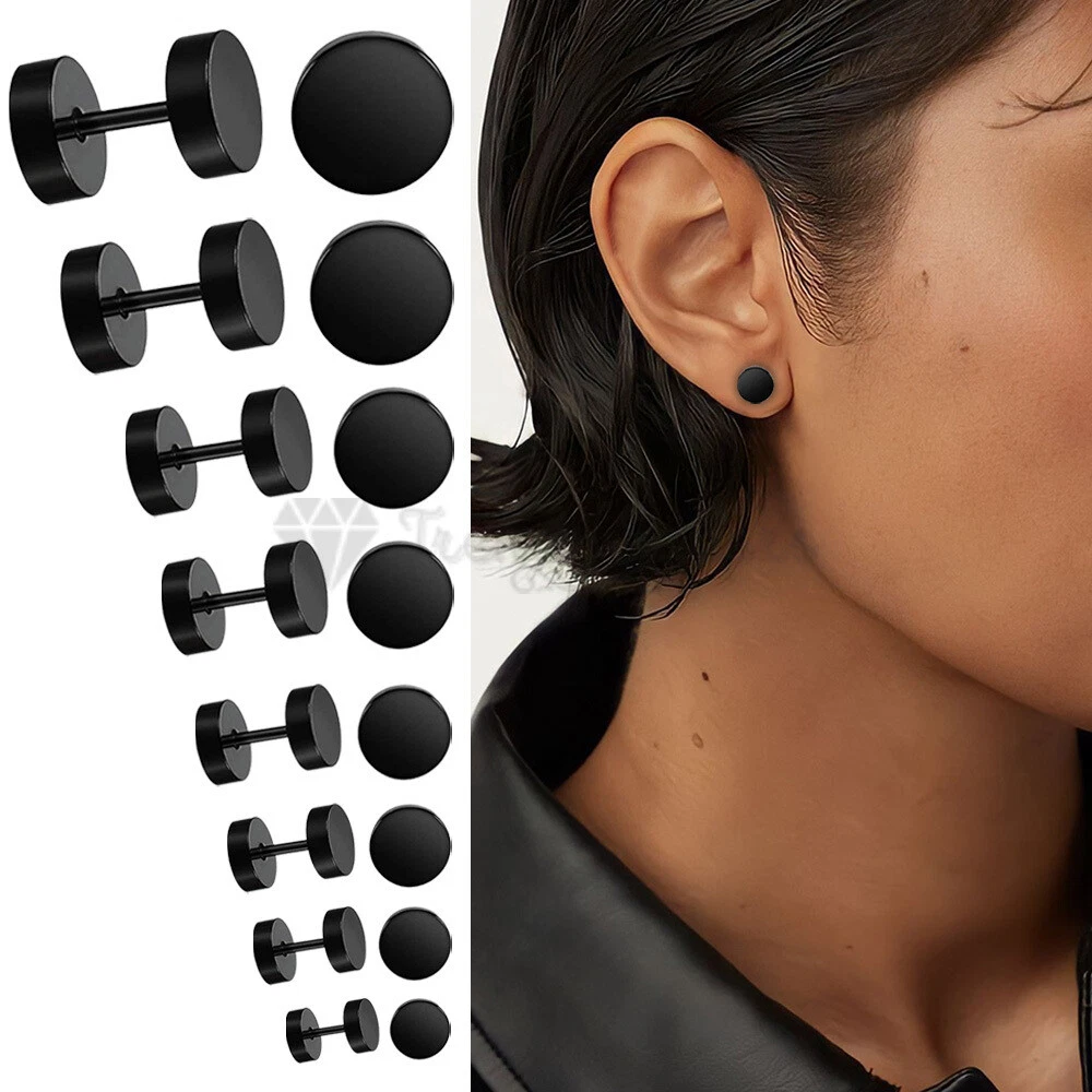 Double Round Flat Disc Screw 3 12mm Stud Earrings Black Surgical