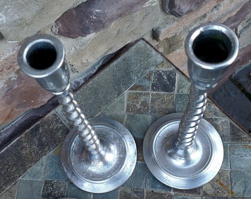 3 Antique Barley Twist Art Nouveau Candlesticks 11 1/2" silver over copper - Picture 4 of 5