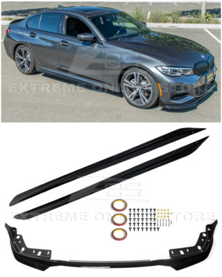 For 19-Up BMW 3-Series M-Sport GLOSSY BLACK Front Lip Splitter & Side Skirt Pair