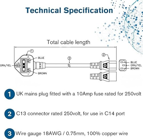 C2G 88512 1 Metre UK Power Cable IECC13 to BS1363 3 Foot Kettle Lead Power Cord, - Afbeelding 4 van 6