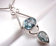 Two-Gem Faceted Blue Topaz Necklace 925 Sterling Silver Oval Teardrop Gemstone