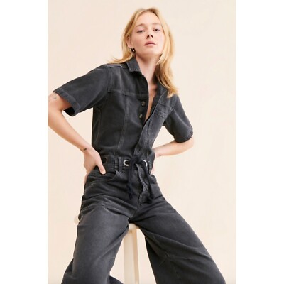Free People Edison Wide-leg Coverall in Black Size Medium Moxie