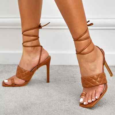 Sandali donna tacco alto lacci marrone schiava cm pelle