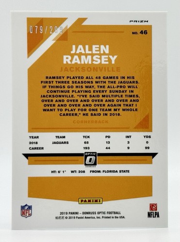 2019 Donruss Optic Aqua Prizm #46 Jalen Ramsey 79/299 Jacksonville Jaguars - Picture 2 of 2