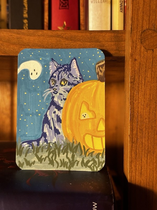 ACEO Original Pumpkin Cat Halloween Ghost Feline Acrylic Paint Pen Painting OOAK