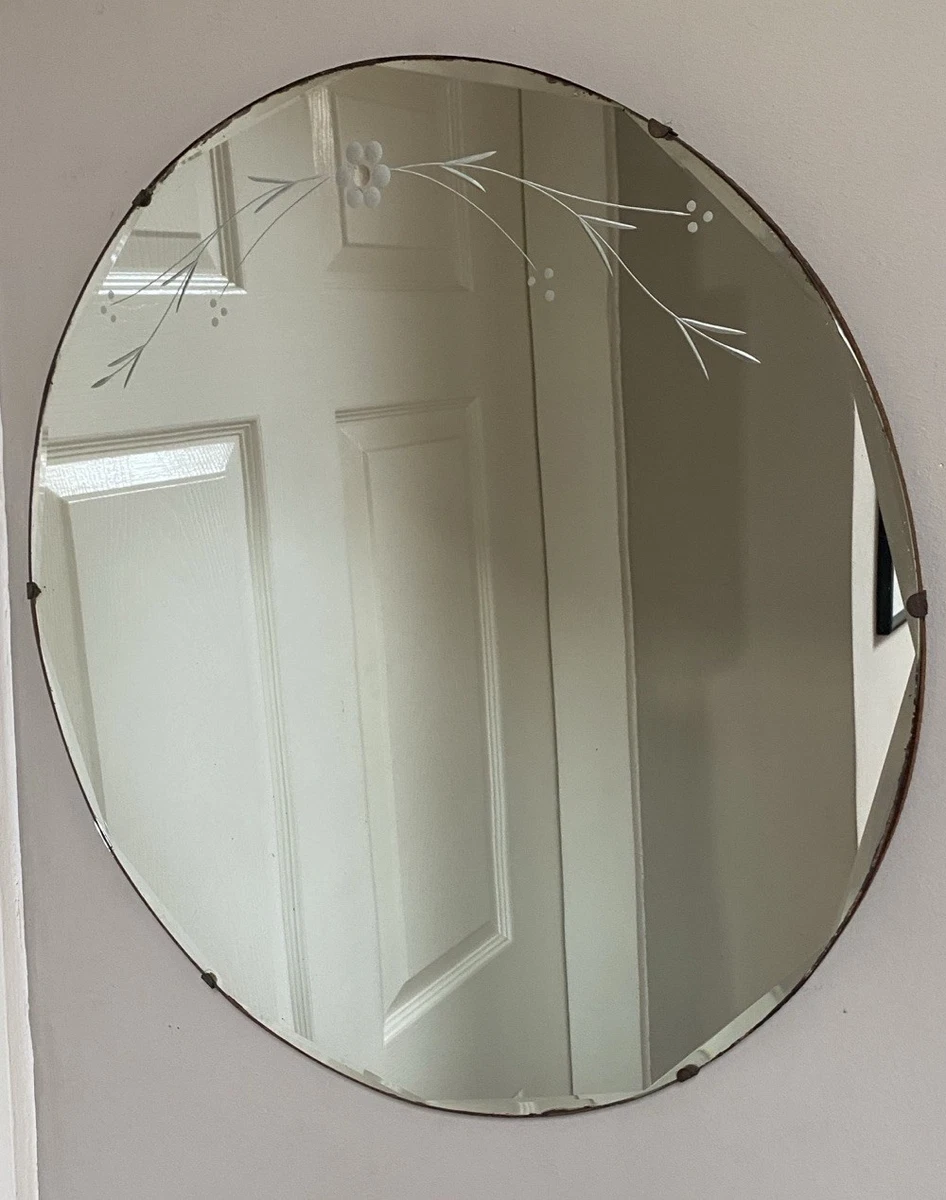 Art Deco Mirror 1930s Etched Frameless Scalloped Round Bevel Edge Vintage