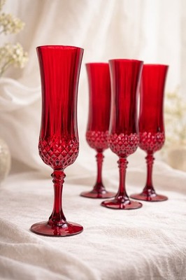 Cristal D Arques Longchamp Ruby Champagne Flutes Set of 4 Crystal NIB France
