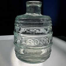 Antique W.E. Bonny Aqua Barrel Ink Bottle c1870s Ribbed Glass Inkwell