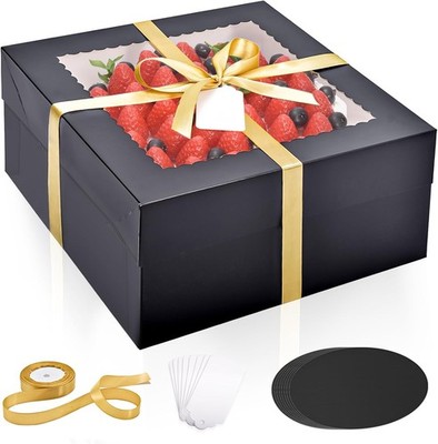 16Pcs 12x12x6 Inch Cake Boxes with Cake Boards (8Pcs Black Cake Boxes, 8Pcs Cake