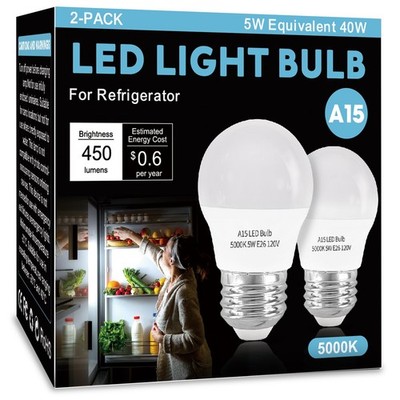 LOXYEE LED Refrigerator Light Bulb 2 Pack，Daylight White 5000K 120V 40W Equiv...