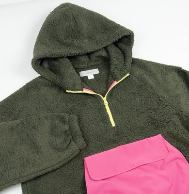 Outerknown Sherpa Fleece Half Zip Hoodie Women's Small Olive Green Hot Pink