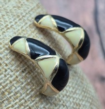 Avon Retro 90's Gold Tone & Navy Blue Enamel Half Hoop Earrings Pierced VTG