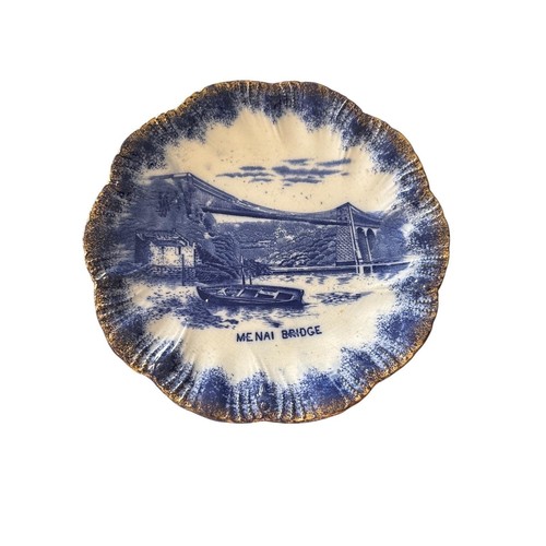 Flow Blue Transferware Antique Souvenir Plate Menai Bridge 9.5"