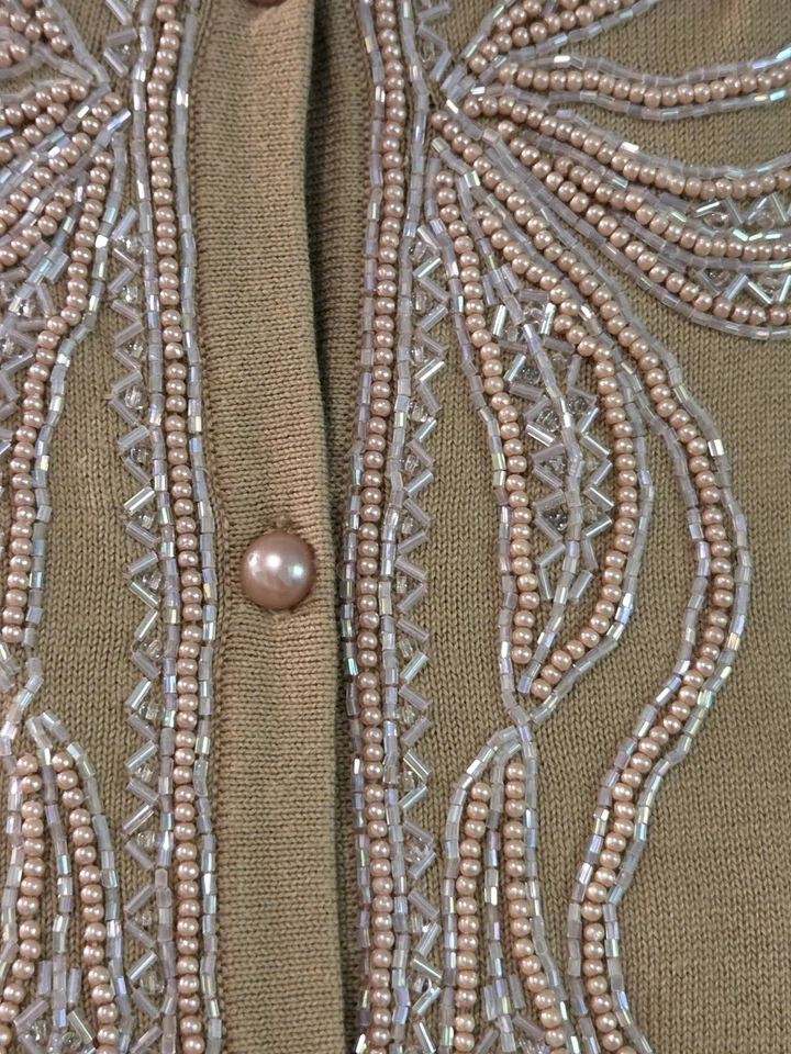 Bob Mackie Wearable Art Beaded Bow Cardigan Sz 3X Sweater Tan Coastal Grandma - Image 3 of 4