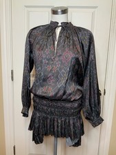 Ulla Johnson Piera Charcoal Multicolor Drop Waist Bishop Sleeve Dress, Size 0