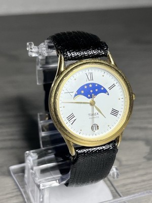 Vintage 1990s Timex Quartz Moon Phase Date Watch Gold Tone Roman Numeral 34mm 