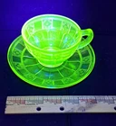 Jeannette Doric & Pansy Uranium Green Glass 5 Cups And Saucer Sets UV Glow VTG D