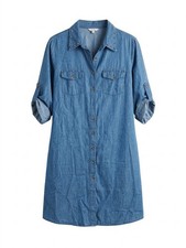 Denim Shirt Dress Blue Collared Button Knee Length 3/4 Roll Tab Sleeve Women