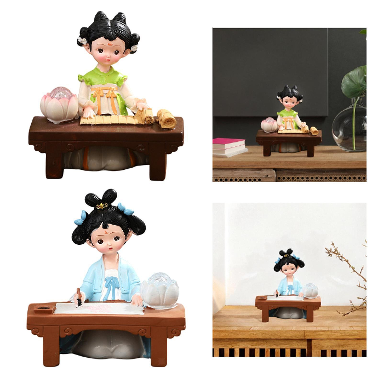 Girl Resin Statue Figurine with Light Doll Toy Office Folk Ethnic Decoration