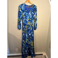 Lulus Blue Floral Maxi Dress Long Sleeve V Neck Front Slit NWT XS
