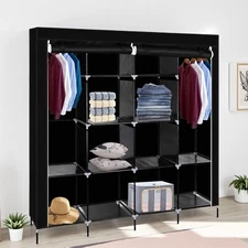 4-Tier Portable Wardrobe Closet - Black, 12-Cube, Non-woven Fabric, Roll-Up Door