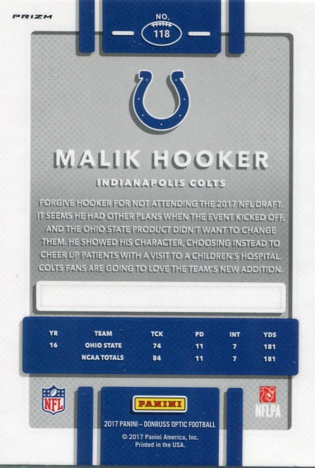 2017 OPTIC PRIZMS HOLO RC MALIK HOOKER INDIANAPOLIS COLTS PRIZM PARALLELS - D420 - Image 2 of 2