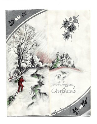 Vtg Christmas Card PRETTY SNOWY WINTER SCENE STREAM MAN DRAGS TREE HOME 1934 env