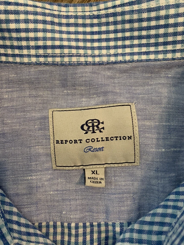 Men's Report Collection Resort Linen S/S Button Front Shirt XL Blue Check - Image 4 of 4