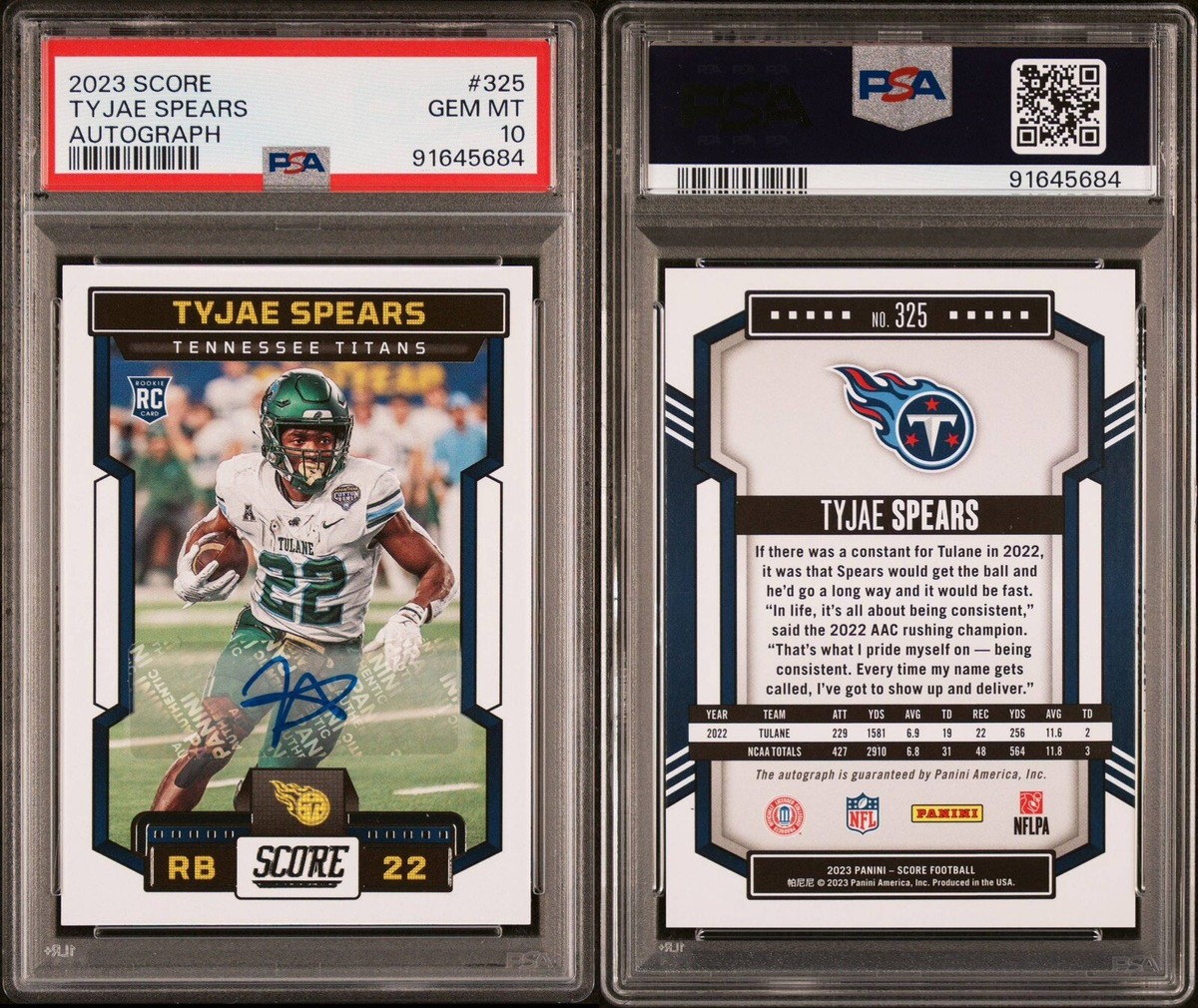 2023 Panini Score Tyjae Spears Signatures Rookie Auto Autograph RC