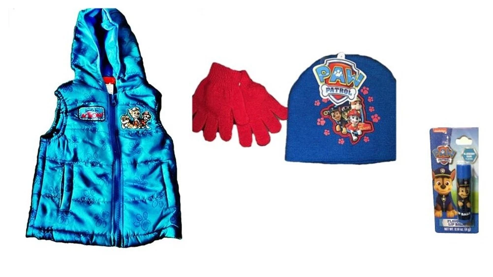Paw Patrol Toddler Boys Hooded Puffer Vest Size 2T + Knit Hat Mittens Lip Balm