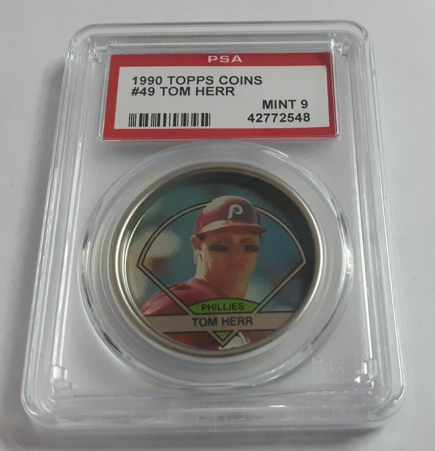 1990 Topps Coins #49 Tom Herr Graded PSA 8 Nm Mint Pop 3 Only 2 Higher