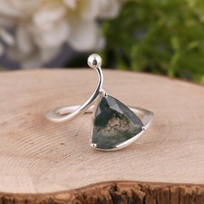 Trillion Cut Natural Moss Agate Ring Sterling Silver Bypass Engagement Ring